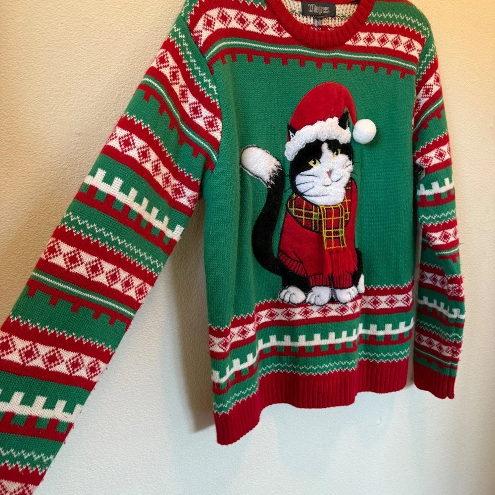 Ugly Christmas Sweater Santa Clause Cat Santa 3D Tartan Scarf Green Red Size L‎